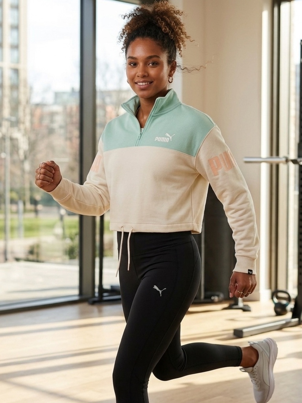 Puma Women's Teal and Cream Half-Zip Sweatshirt - Size Medium